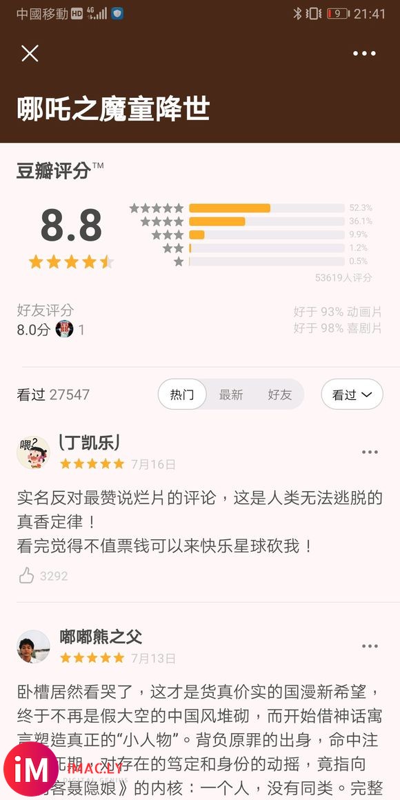 哪吒在豆瓣五万人评分下依然能有8.8的恐怖高分,可以预见后期-1.jpg