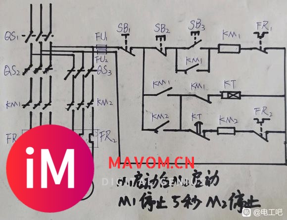 求电路图:两台电机M1、M2、要求M1先启动M2才能启动,启-1.jpg