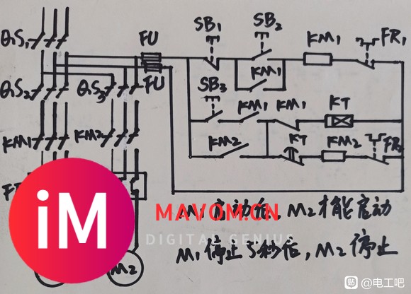 求电路图:两台电机M1、M2、要求M1先启动M2才能启动,启-1.jpg