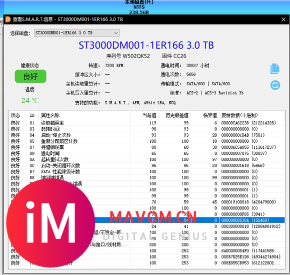 ST3000 DM001 固件CC26 目前30837小时 放在机箱内当仓库-1.jpg